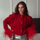 thumbnail image 1 of Cárdigan de punto de manga larga con plumas de retazos rojos para mujer, suéter grueso ajustado con cuello redondo, trajes elegantes para viaje, 1 of 5