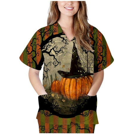 

Scrub_Tops for Women Men Short Sleeve Tops Working Uniform Halloween Cute Pumpkin Print Pocket Loose V-Neck Blouse