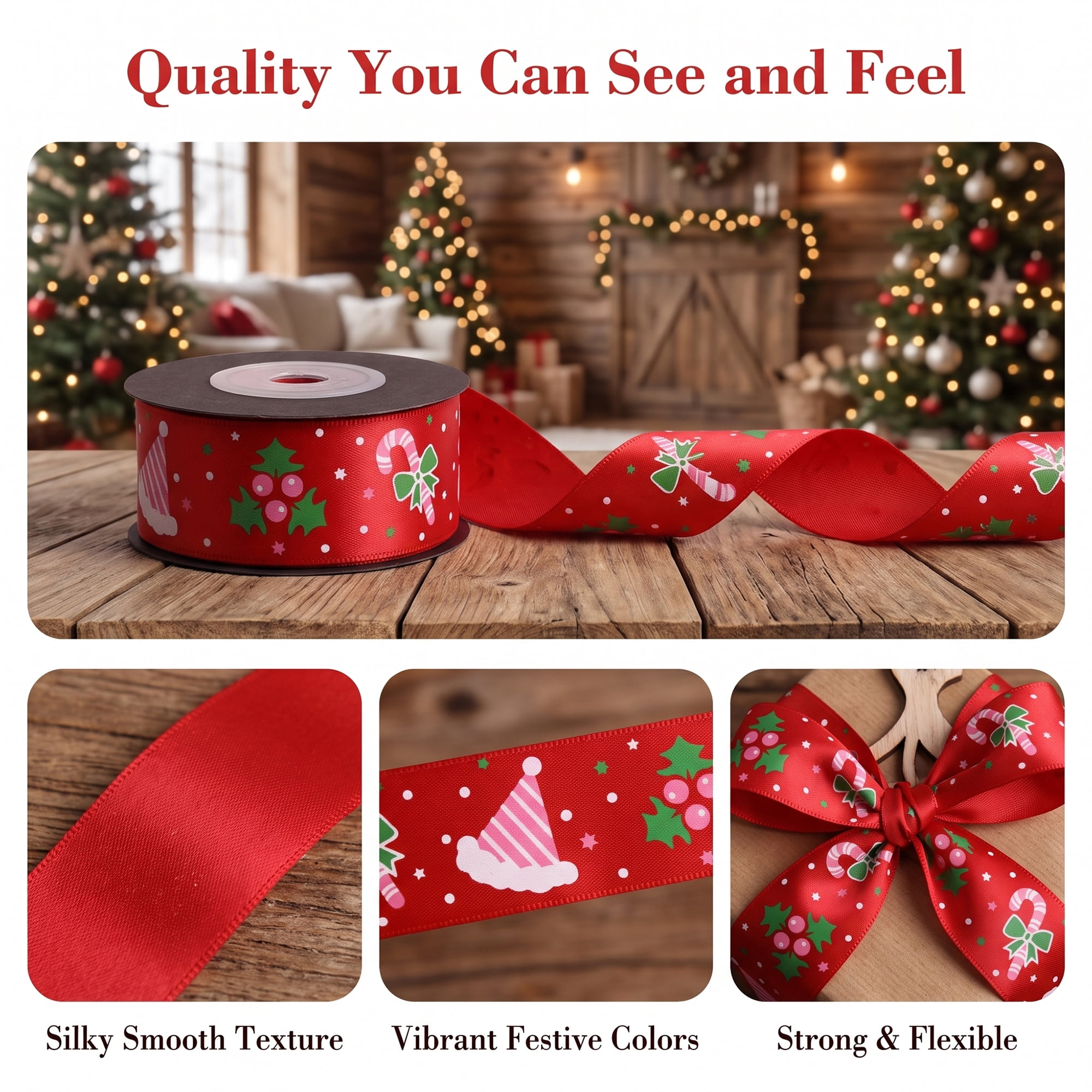 Unique Bargains Premium Fabric Ribbon for Gift Wrapping Red Hat Pattern 5.5 Yard