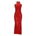 thumbnail image 3 of LYEAA Long Maxi Dresses for Women Sleeveless One Neck Glitter Sequin Dress Off Shoulder Elegant Dress Solid Color Cutout Evening Gown Cocktail Dress Fashion Dress Dress Red XL, 3 of 5
