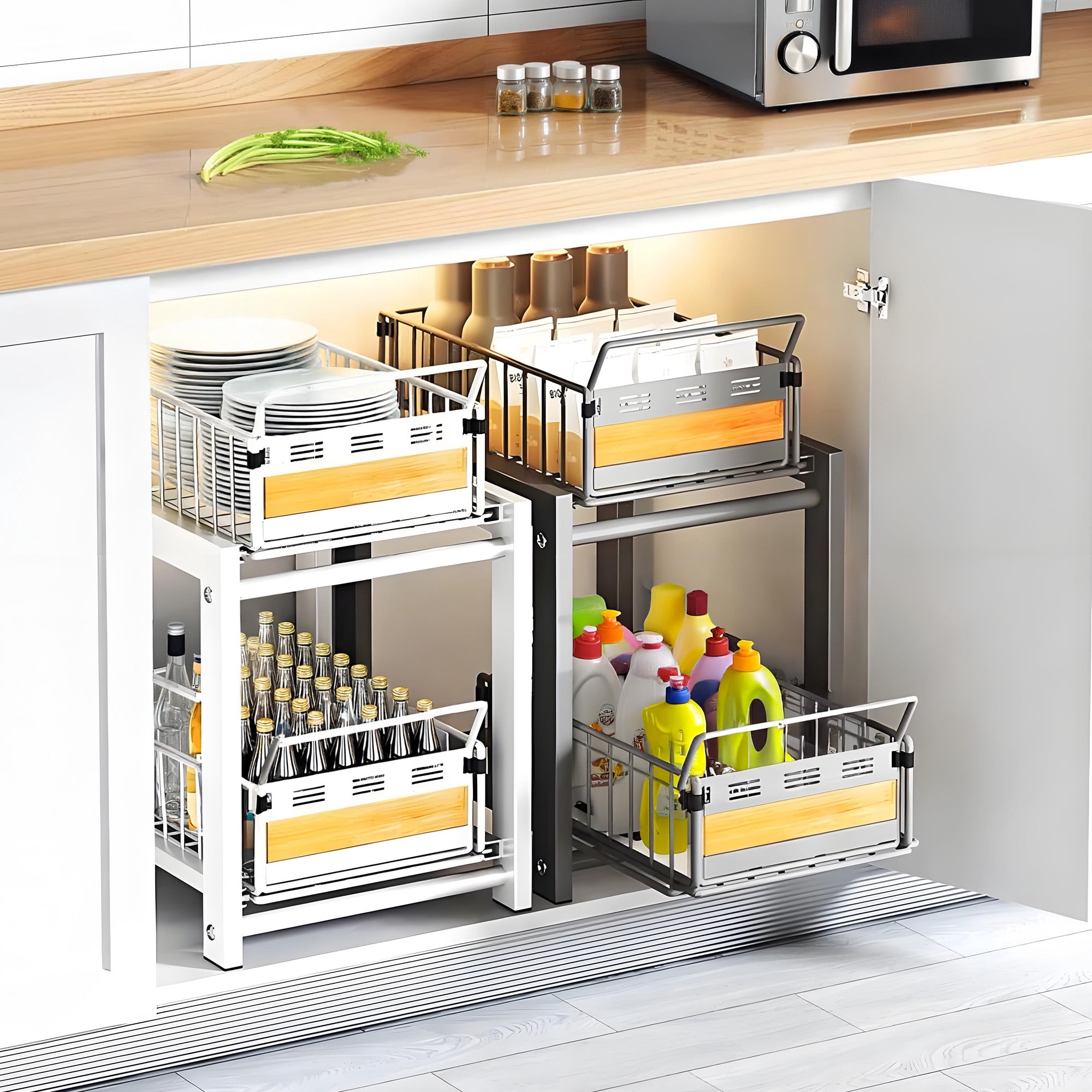 Storvive Metal Under Sink Organizers and Storage, 2-Tier Double Sliding Drawer Cabinet Organizer, White