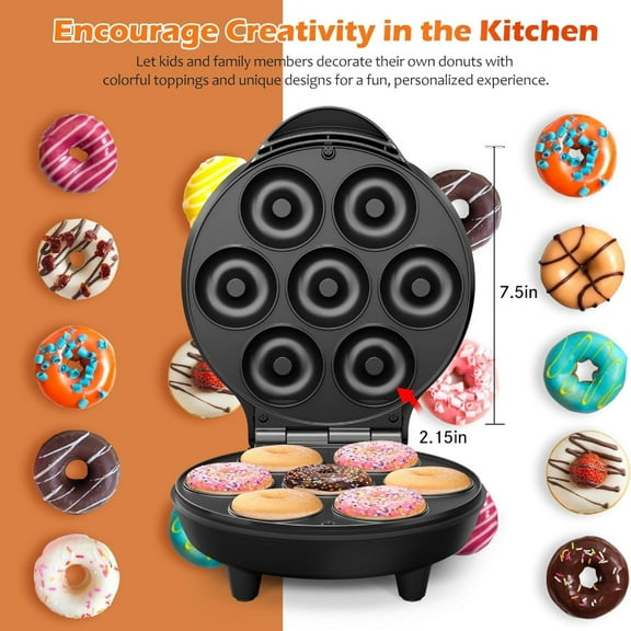 7-Cavity Mini Donut Maker - Non-Stick Coating, Indicator Light | Portable Electric Press for Home/Kids Breakfast/Parties, 120V US Plug