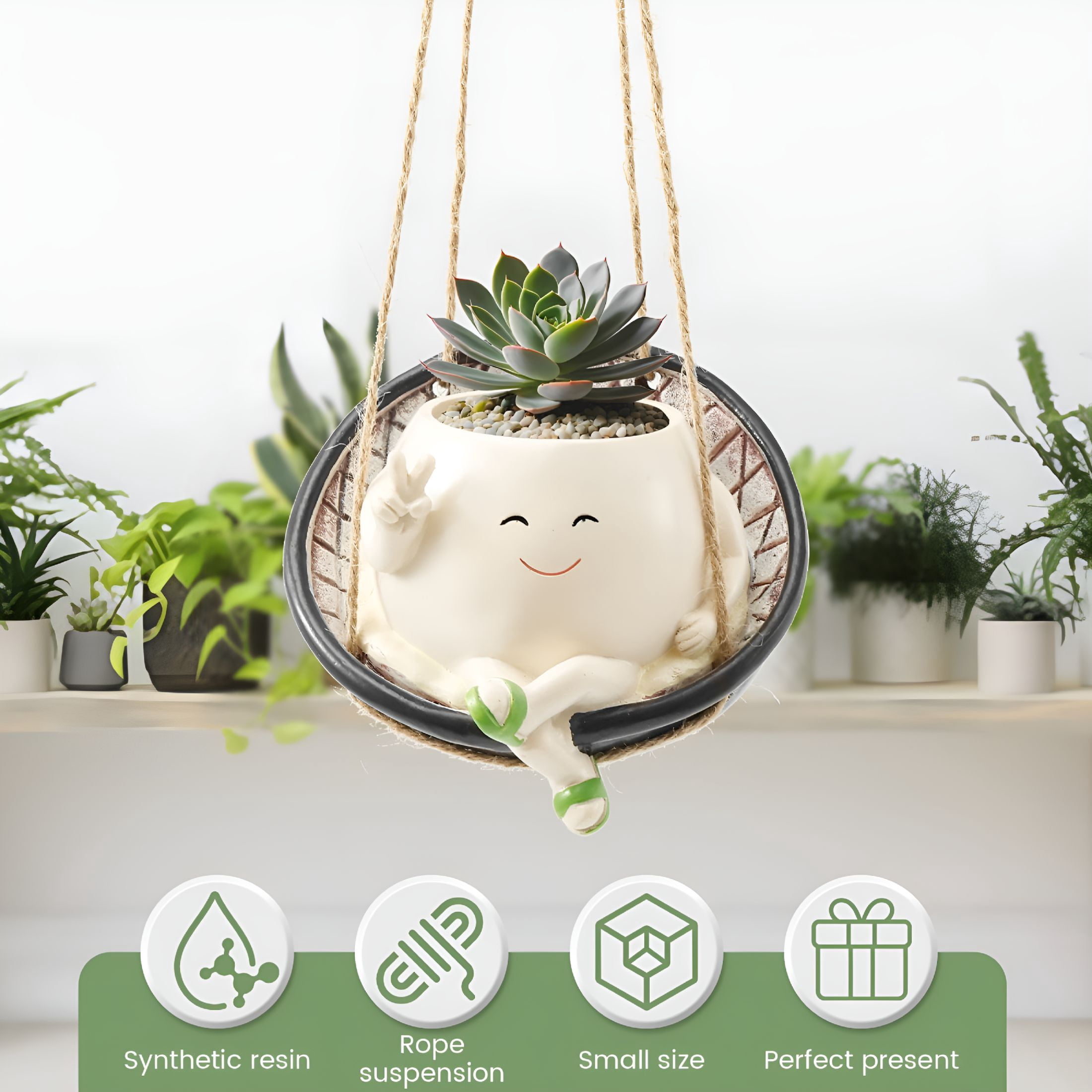 ACDANC Swing Planter Pot Smile Face Swing Flowers Pot Cute Hanging Swing Planter Resin Swing Plant Pot for Indoor Outdoor Resin Hanging Planter Pots for Succulents Pearls 14.3 × 13.5 × 10.8cm