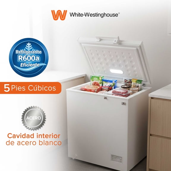 White Westinghouse  Congelador 5 pies 145 L  WWCCF05145LHWSD Ruedas  Condensador interno  Control dual de temperatura  Canastilla interior  Cerradura con llave  Manija Exterior