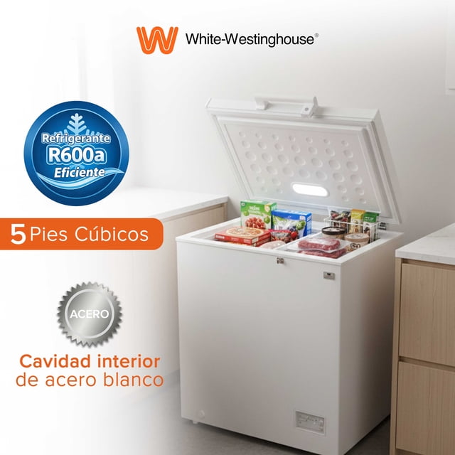 White Westinghouse Congelador 5 pies 145 L WWCCF05145LHWSD Ruedas Condensador interno Control dual de temperatura Canastilla interior Cerradura con llave Manija Exterior