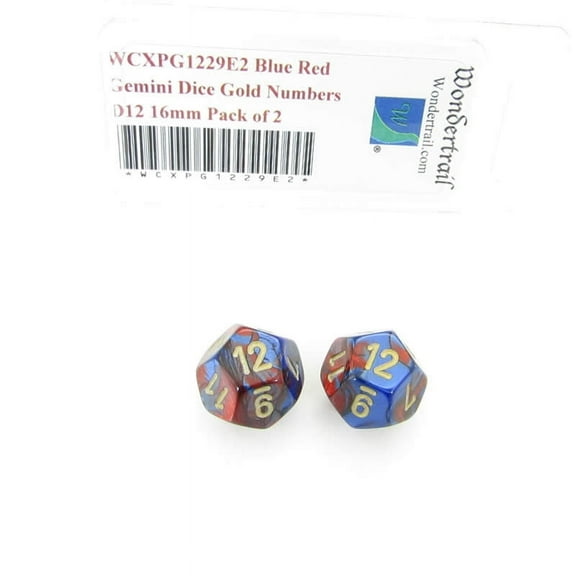 Blue and Red Gemini Dice with Gold Numbers D12 Aprox 16mm (5/8in) Pack of 2 Wondertrail