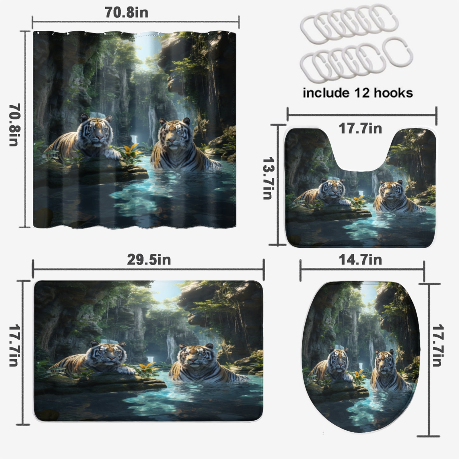 Tiger 4 Pieces Shower Curtain Set with Non-Slip Rug Forest Waterfall Wildlife Wild Animal Nature Scenery Jungle with Non-Slip Rugs Toilet Lid Cover and Bath Mat Bathroom Decor Set, 72x72 Inch