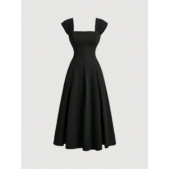 Black Square Neck Shell Sleeve Pleated A-Line Midi Dress For Formal Events