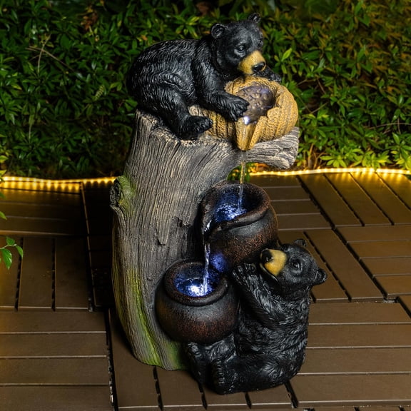 23.62'' Outdoor Water Fountain, Bear Outdoor Water Fountain with LED Lights Cascading Fountains Outdoor for Patio Yard Balcony