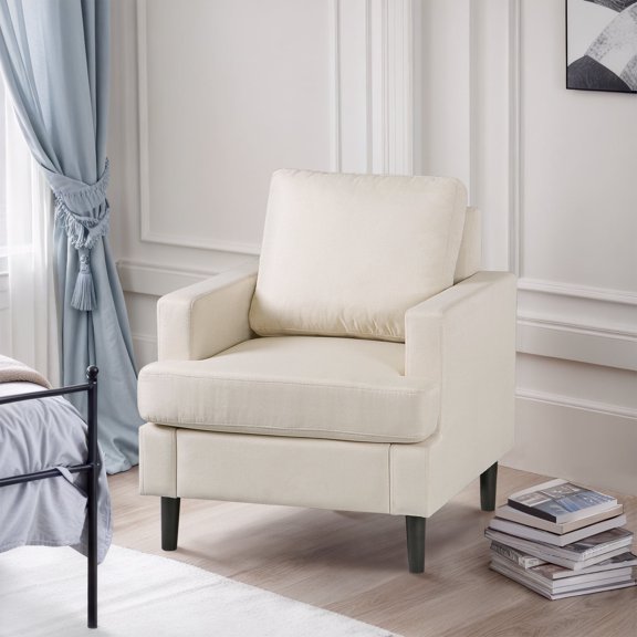 ZENY Mid Century Accent Chair, Modern Fabric Single Sofa Reading Chair with Wood Legs for Bedroom, Office(Beige)