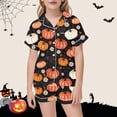 thumbnail image 2 of Shadoumai Halloween Pajamas for Summer Button Down Pjs Cute Graphic Print Button Down Short Sleeve Pjs Silk Tops and Shorts Casual Sports Tshirt 2-Piece Sleepwear Pjs for, 2 of 4