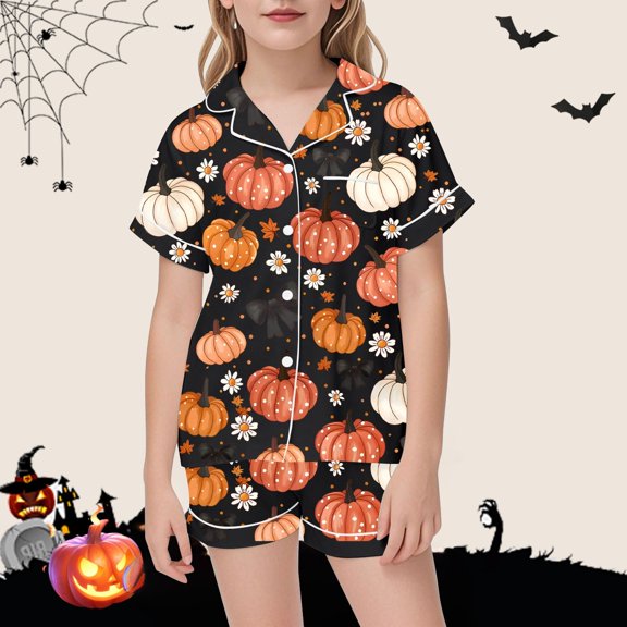 BOOMNY Halloween Girls 2 Peice Pajamas Sets Hallowmas Pumpkin Ghost Graphic Short Sleeve Buttons Sleepwear Tops Shorts Pjs Set for Kids Cozy Loungewear Homewear