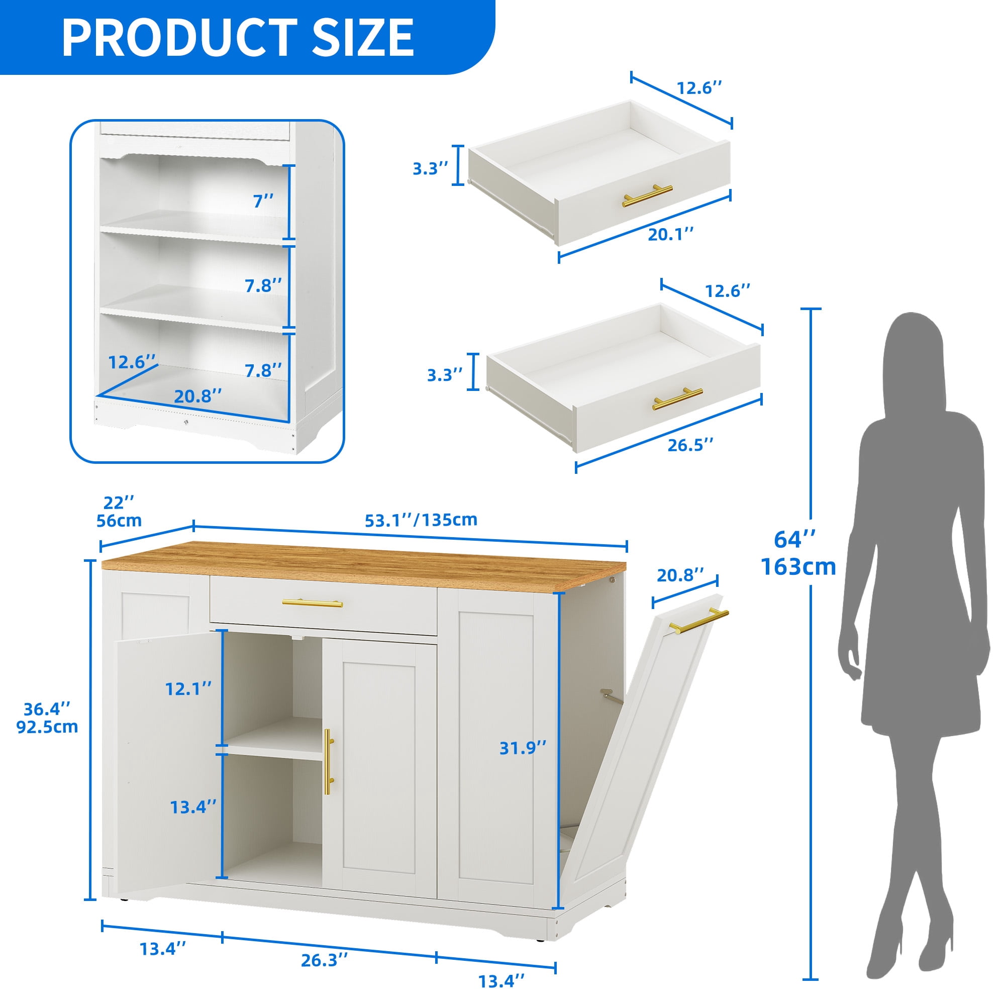 DEXTRUS 53" Kitchen Island Cart on Wheel, Kitchen island with Storage Cabinet, Tilt Out Trash Can, 2 Drawers for Home Kitchen, White