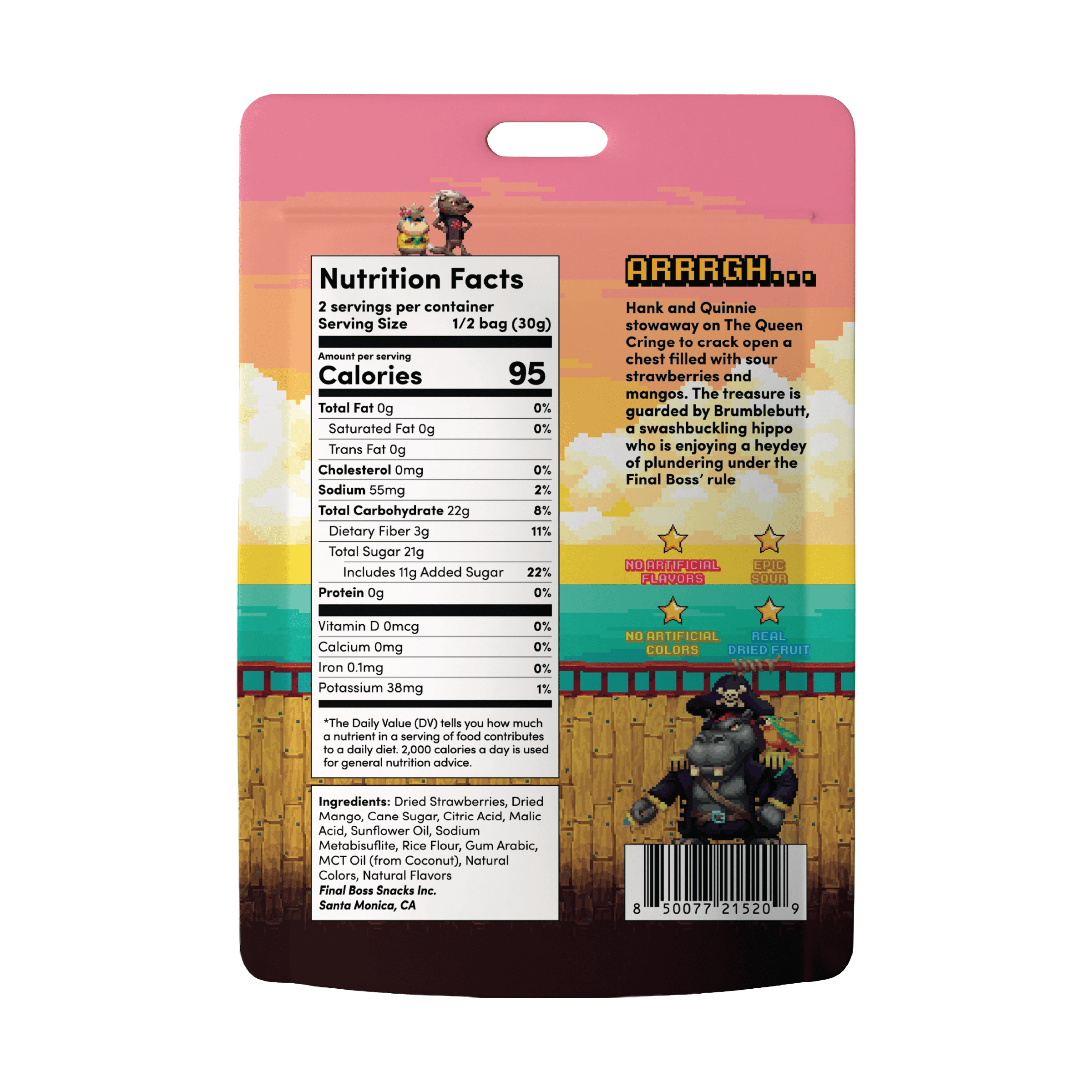 Final Boss Sour Level 2 Strawberry Mango Dried Fruit Snack, Real Dried Strawberries & Mangos with Medium Sour Flavor