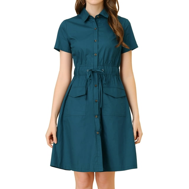 INSPIRE CHIC Robe Courte pour Femme à Col Évasé avec Poches et Taille Élastique
