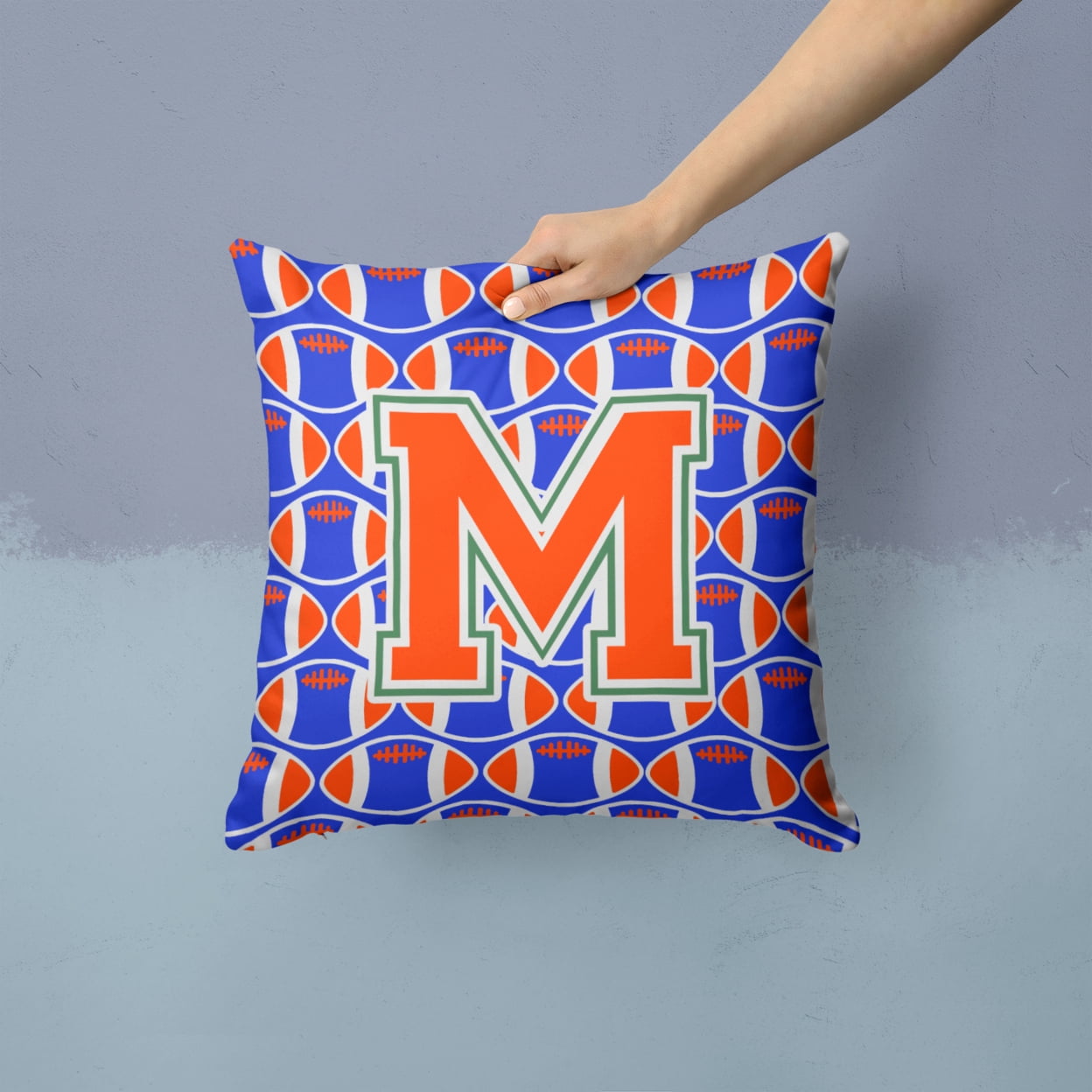 Letter M Football Green, Blue and Orange Fabric Decorative Pillow