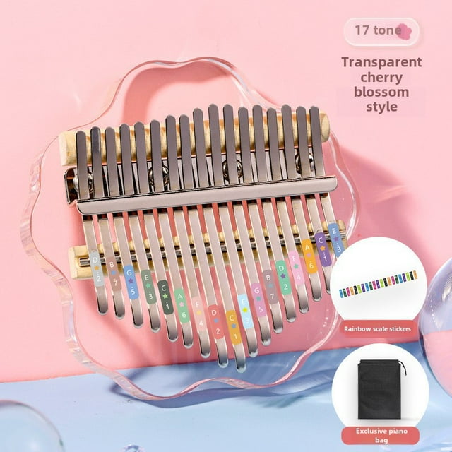 17-Tone Kalimba Thumb Piano for Beginners & Kids - Transparent Acrylic Crystal Instrument with Cherry Blossom Design, Lightweight Portable Music Tool for Music Lessons, Includes Protective Carrying