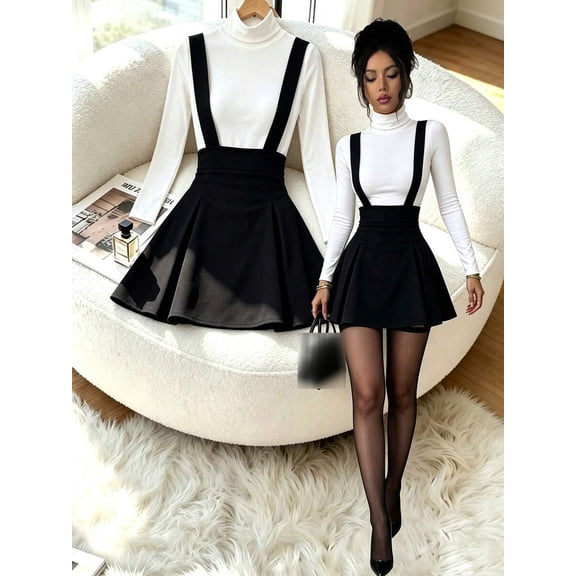 High Waist Suspender Skirt for Women A-Line Pleated Flared Mini Office Workwear Elegant