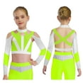 thumbnail image 4 of MSemis Girls Acrobatics Dance Tops Long Sleeve Rhinestone Shiny Color Block Cross Back Cutout for Gymnastics Sport Wear Fluorescent Yellow 8, 4 of 7