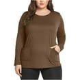 thumbnail image 3 of Cotton Tops for Women Plus Size Long Sleeve with Pockets Soft Crewneck Pullover Tees Blouses Spring Clothes (5XL, Brown), 3 of 6