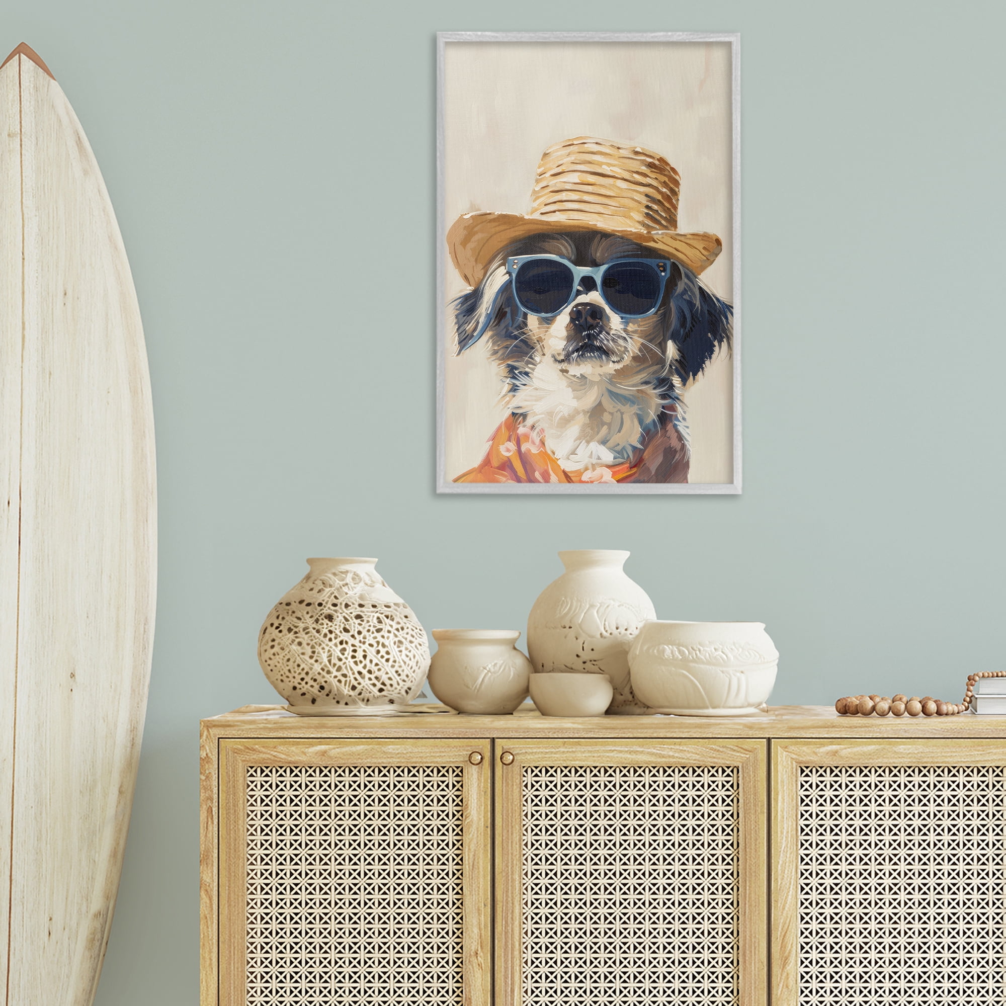 Stupell Industries Beach Vacation Pup Animals & Insects Painting Gray Framed Art Print Wall Art, 20 x 30