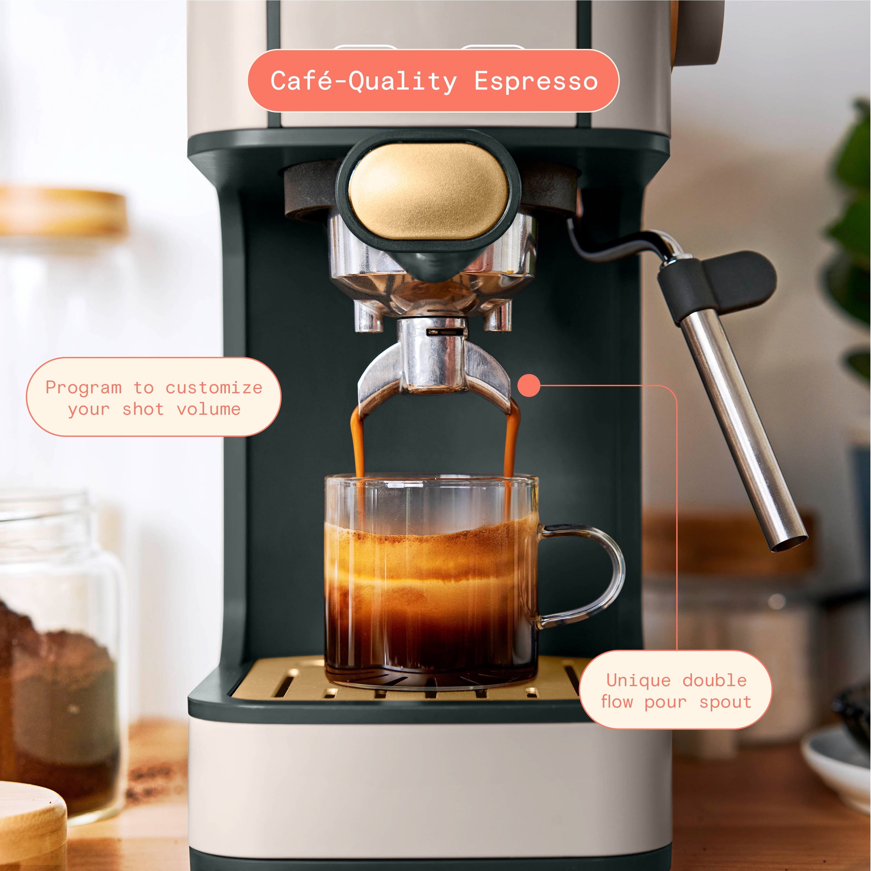 Beautiful Slim Espresso Machine with 20-Bar Pressure, Porcini Taupe by Drew Barrymore