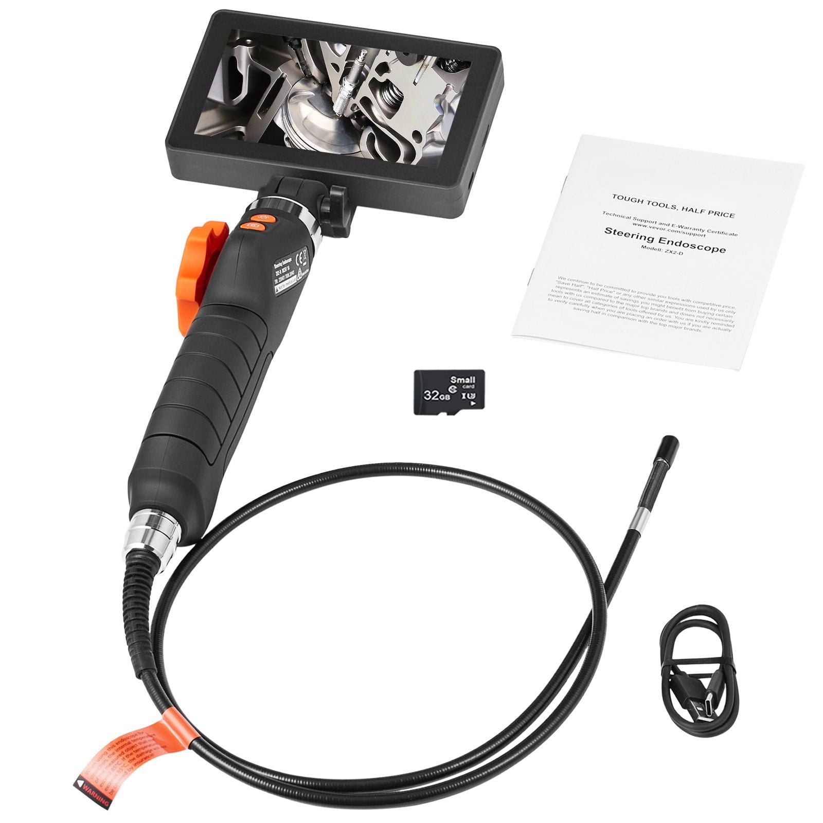 Industrial Borescope, 180° Articulating Endoscope, 5" IPS Display, 8X Magnification, 6.4mm Camera Probe