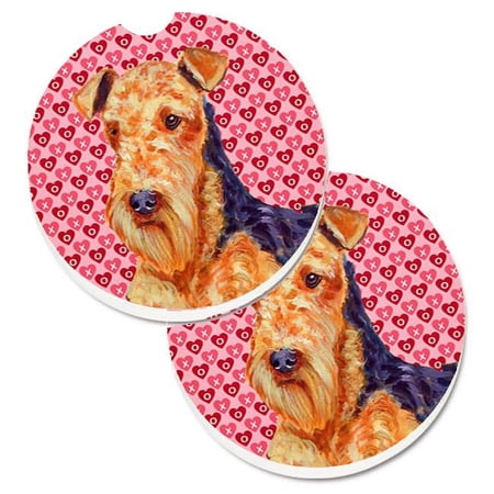 Airedale Hearts Love & Valentines Day Portrait Set of 2 Cup Holder Car Coaster