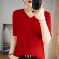 thumbnail image 6 of BRDFRL Women Summer Knit Shirt Blouse V Neck Short Sleeve Pullover Sweater Tops Red 2XL, 6 of 6