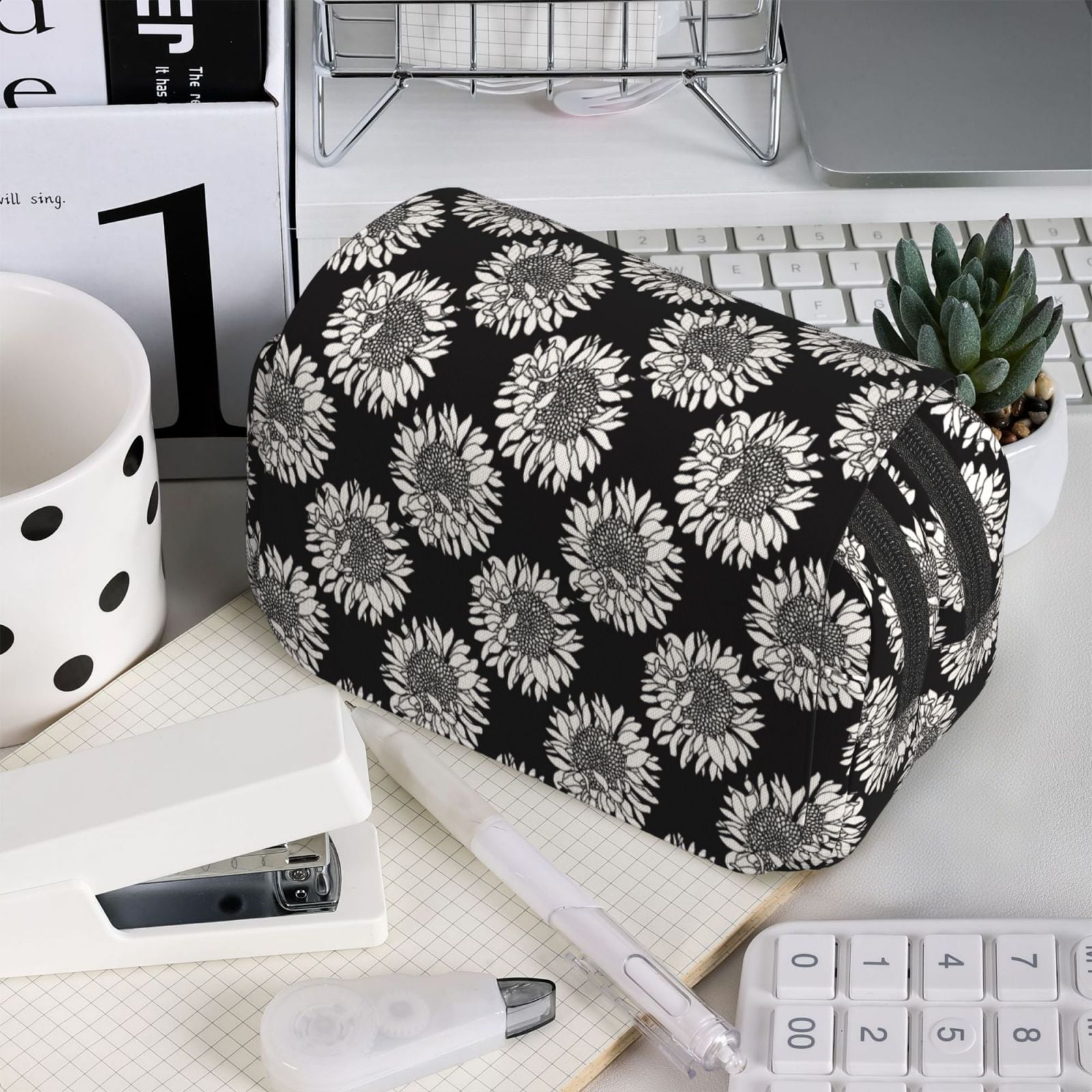 Rateoe White Sunflowers Pattern Double Clamshell Pen Case, Storage Organizer with Two Zipper Compartments– Holds Up to 50 Pencils & Pens