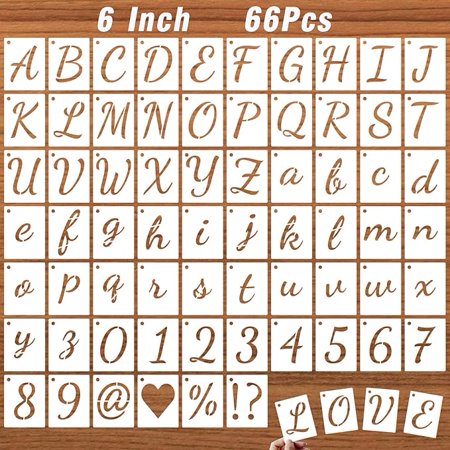 6 Inch Letter Stencils Kits, 66 Pcs Calligraphy Alphabet Stencils and Number Stencils for Painting on Wood, Cursive Lettering Stencil Upper and Lower case, Reusable Plastic Art Craft Stencils