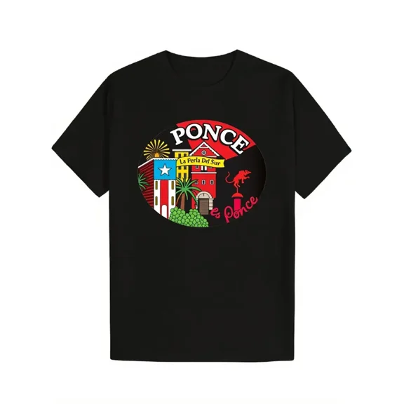 Men's Puerto Rico Graphic T-Shirt - Ponce PR Flag & Landmarks Print, 180gsm Heavyweight Cotton Relaxed Fit Crew Neck Short Sleeve, Casual Streetwear & Vacation Apparel for