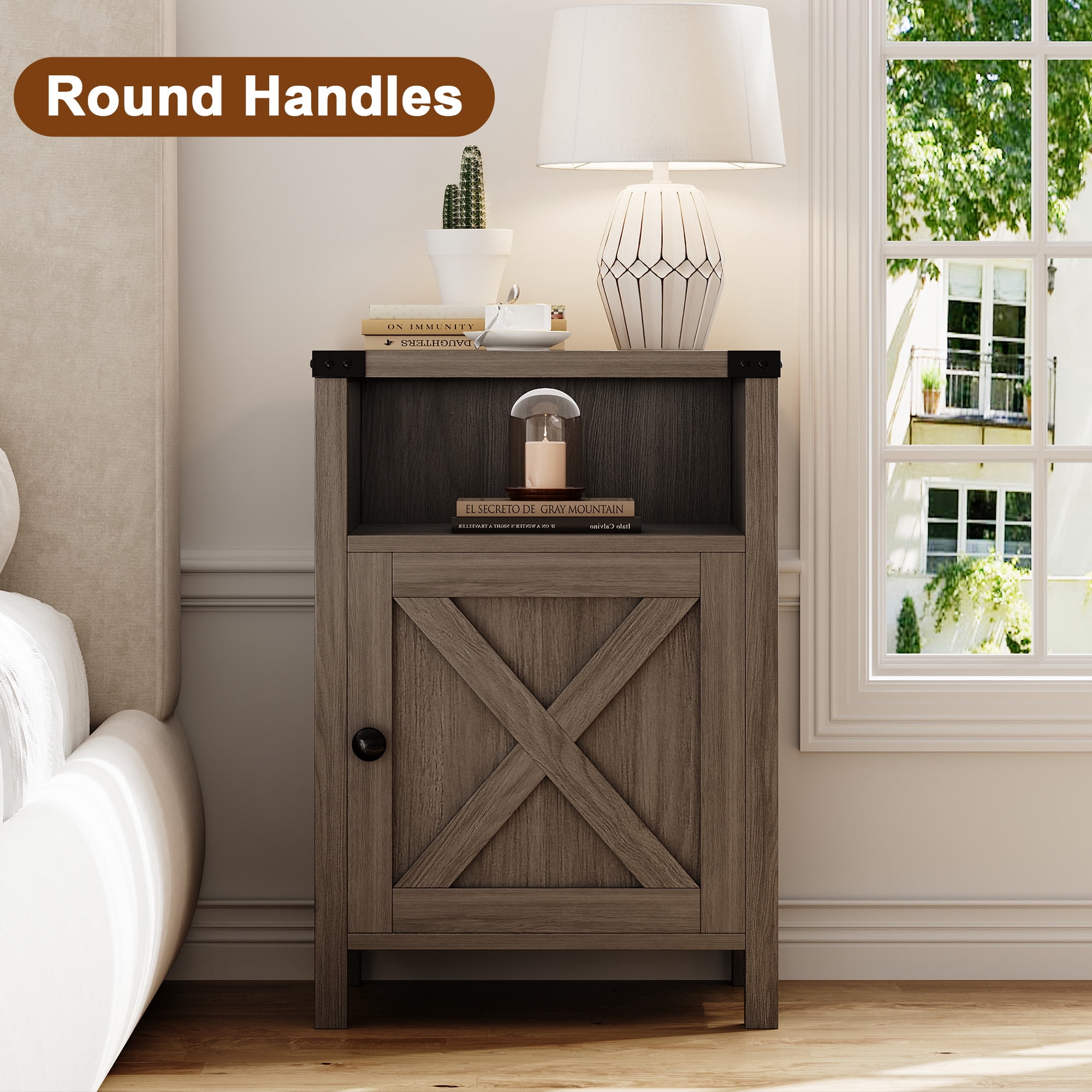 4 EVER WINNER Farmhouse Single Barn Door Side Table, Rustic Gray Storage End Table, Industrial Bedside Nightstand for Bedroom Spaces