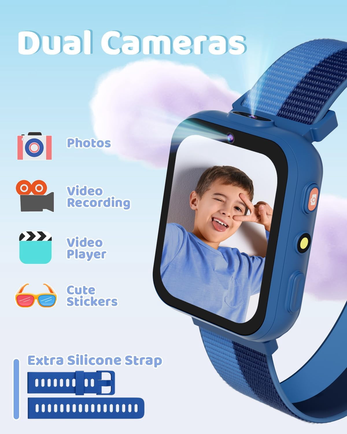 BIGGERFIVE Smart Watch for Kids with Dual Cameras, Two Straps, 30 Puzzle Games, Video & Music Player, Audiobooks, Flashlight, Pedometer, Educational Toys Birthday Gifts for Girls Ages 4-10 Blue