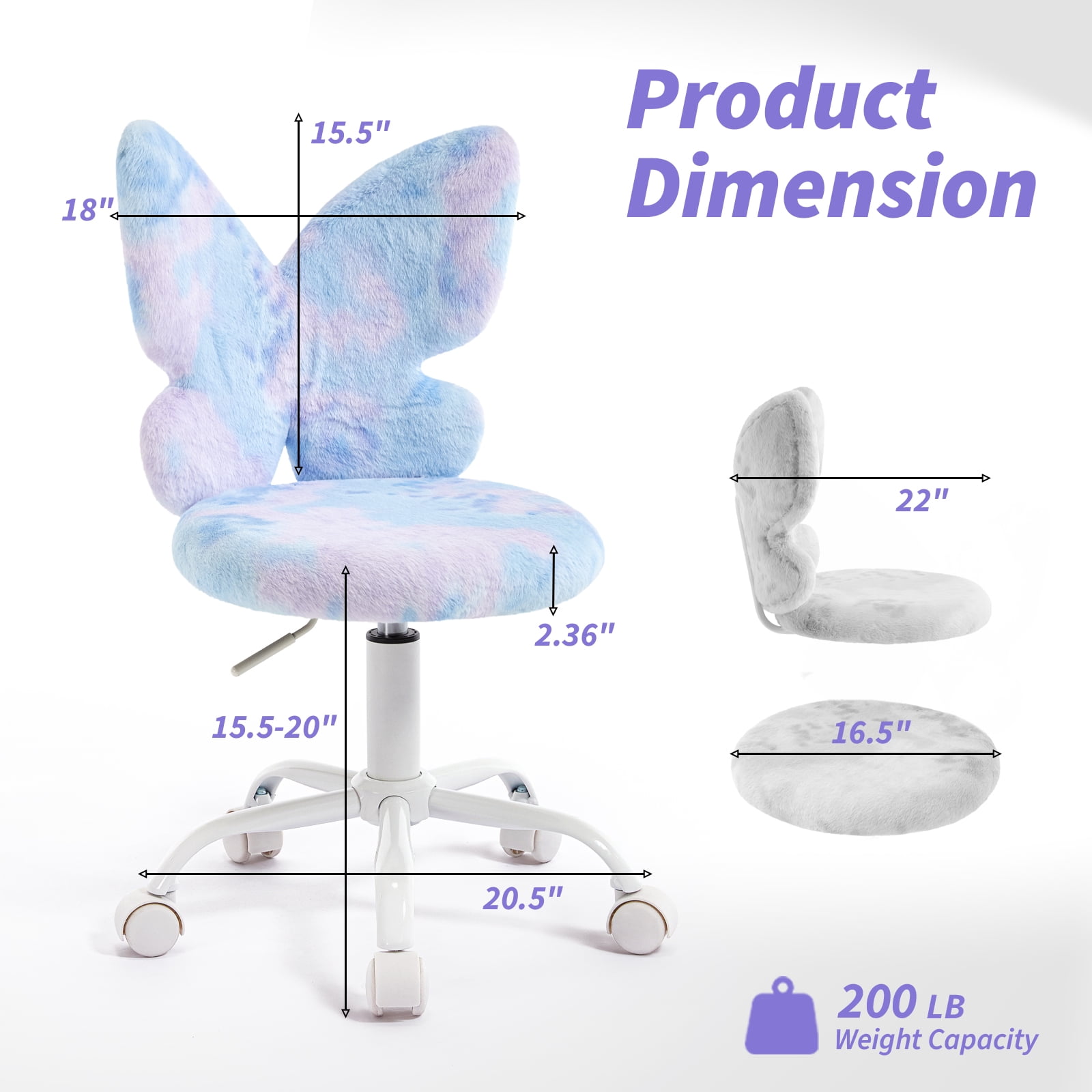 Adorable Butterfly Kids Desk Chair, Comfy Swivel Computer Seat for Girls Room, Fluffy Office Roller Chair for Study Bedroom Reading & Vanity, Blue