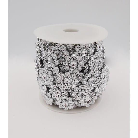 Silver Diamond Flower Shaped Rhinestone Decoration Ribbon Trimming 21 MM X 15 YDS
