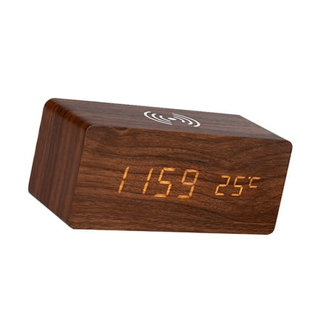 YAHHU Digital Wooden Alarm Clock Electronic LED Time Display for Bedroom 10W Wireless Charging Station 3 Alarms Date Temp Display, Brown (6.61 inches / 16.8 cm)