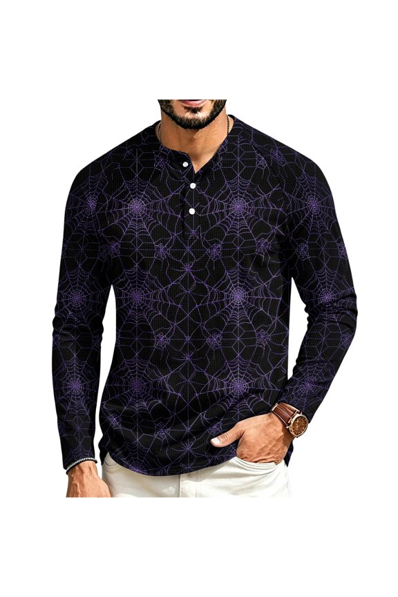Men's Halloween Themed Waffle Henley Shirts Funny Pumpkin Print Vintage Long Sleeve Button Crew Neck Tshirts 2026 New Trendy Breathable Comfort Tops