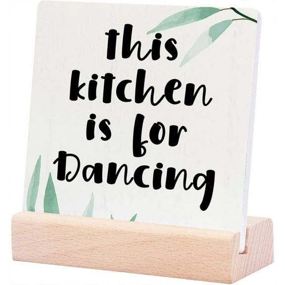 Ceramic Sign 4x4Inch Kitchen Decor Farmhouse Home Office Decor Kitchen Signs Desk Decorations Kitchen Essentials Decorative Plaque Sign with Wood Stand Kitchen Counter Decor For Shelf Table Cabinet