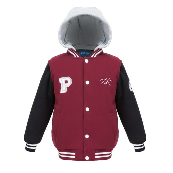 The Polar Club Mens' Fleece Varsity Baseball Jacket Maroon & Black 2-Tone with Removable Hood (Size Medium MRN&Bk)
