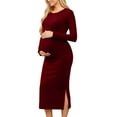 thumbnail image 2 of XUNKUSGA Maternity Dresses for Women Fashion Crew Neck Side Split Long Dress Casual Soild Color Long Sleeved Holiday Dress Comfortable Soft Slim Fit Party Dress S-2XL,Red, 2 of 6