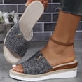 thumbnail image 2 of Women’s Denim Fabric Jute Trim Wedge Slide Sandals, Metal Button Decor Open Toe Indoor Outdoor Platform Slippers, 2 of 6