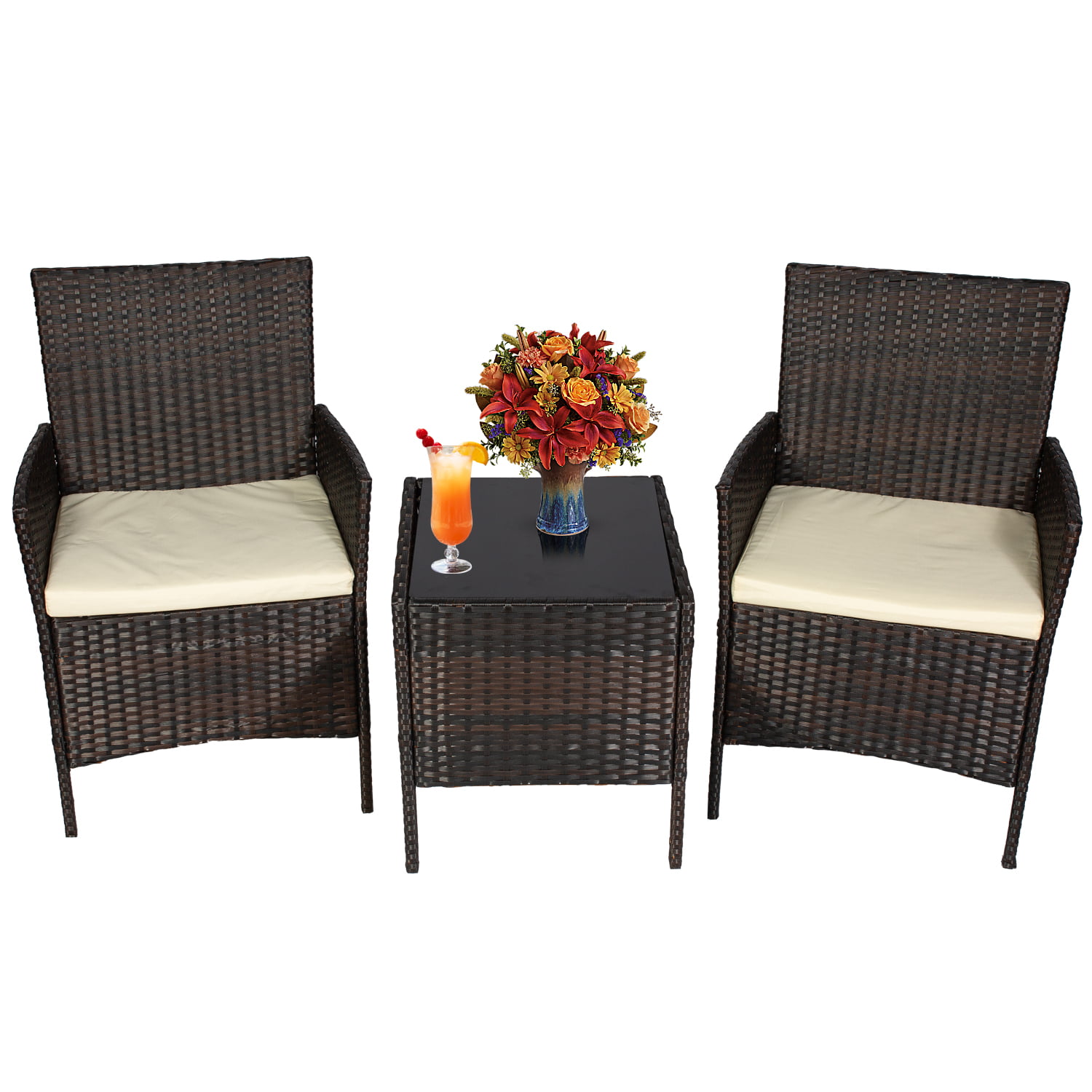 3 pcs Rattan Wicker Bistro Sofa Set Coffee Table Chair Patio Furniture Set 