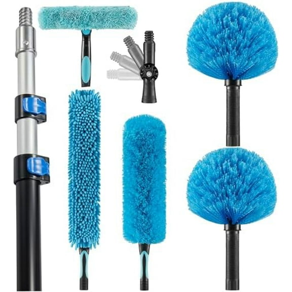 High Ceiling Fan Duster with 5-8 Foot Extension Pole, Extendable Reusable Cobweb, Feather, Window Cleaning Squeegee Kit
