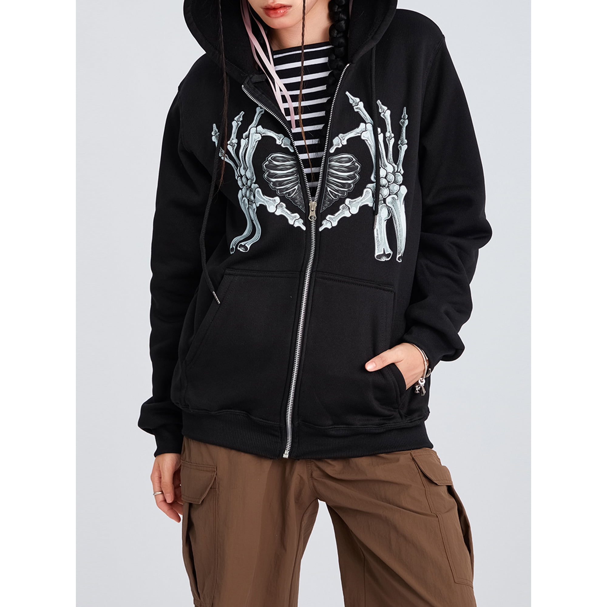 xiaxaixu Men Women Hoodie, Long Sleeve Skeleton Hands Heart Print