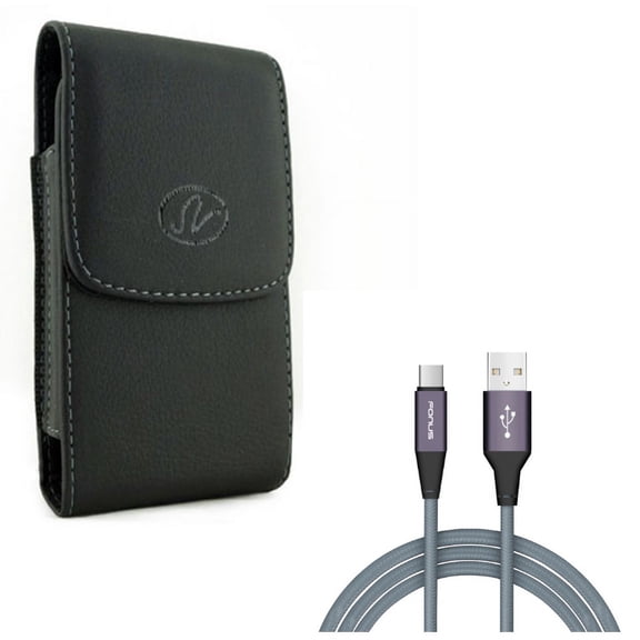 Black Leather Side Case Cover Pouch Holder w 6ft Long Gray Braided Type-C Cable Rapid Charger Sync USB Wire Q2J for LG Stylo 4 Plus - Motorola Moto Z4 Z3 Play Z2 Play Z Play Droid Force Droid