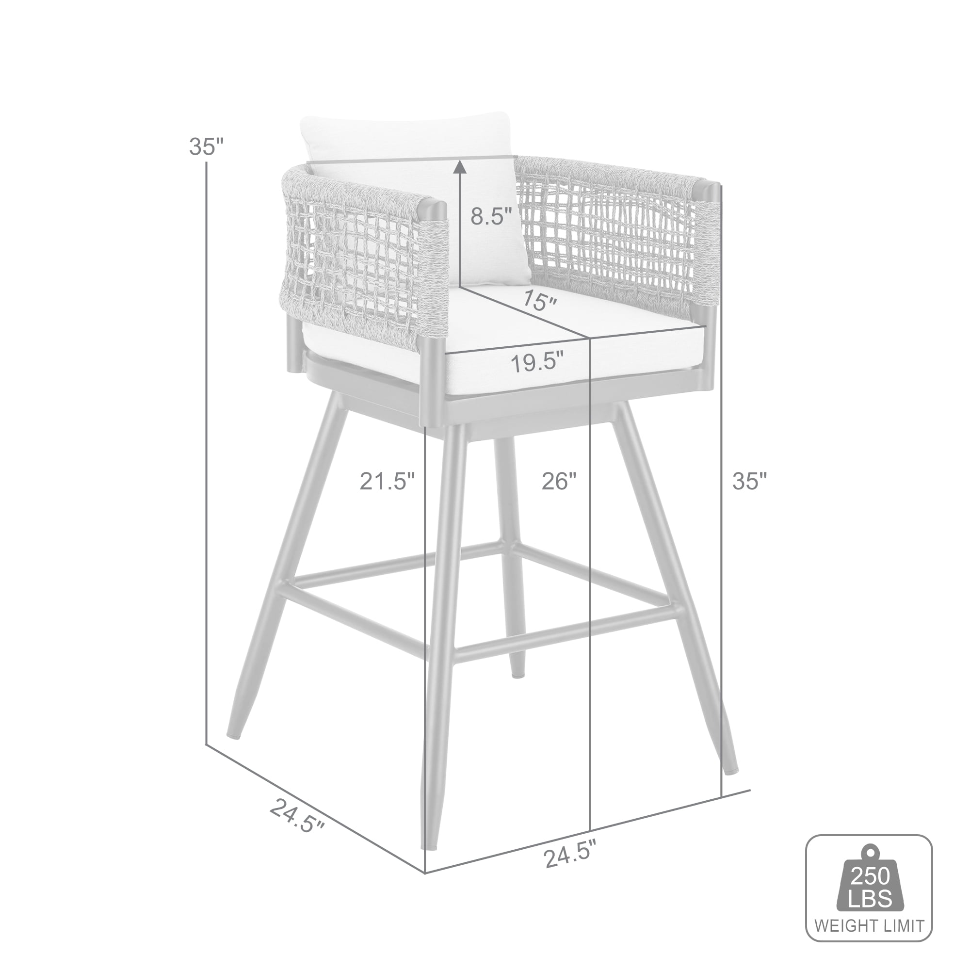 Alegria Outdoor Patio Swivel Counter Stool in Aluminum with Gray Rope and Light Gray Cushions - Set of 2