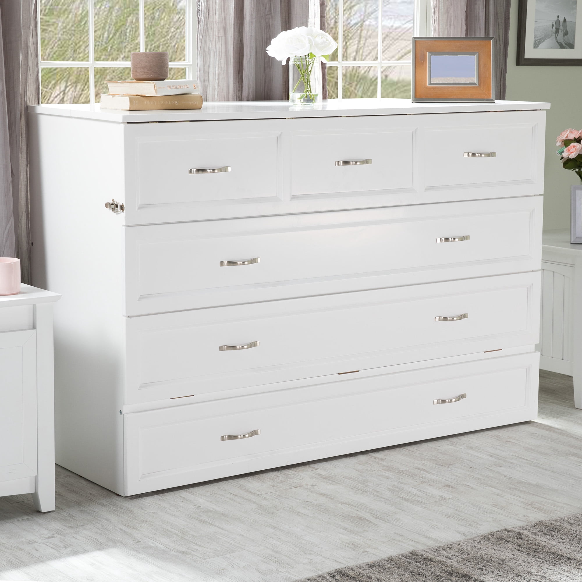 AFI Deerfield Queen Solid Wood Murphy Bed Chest with Mattress, Drawer & Charger in White