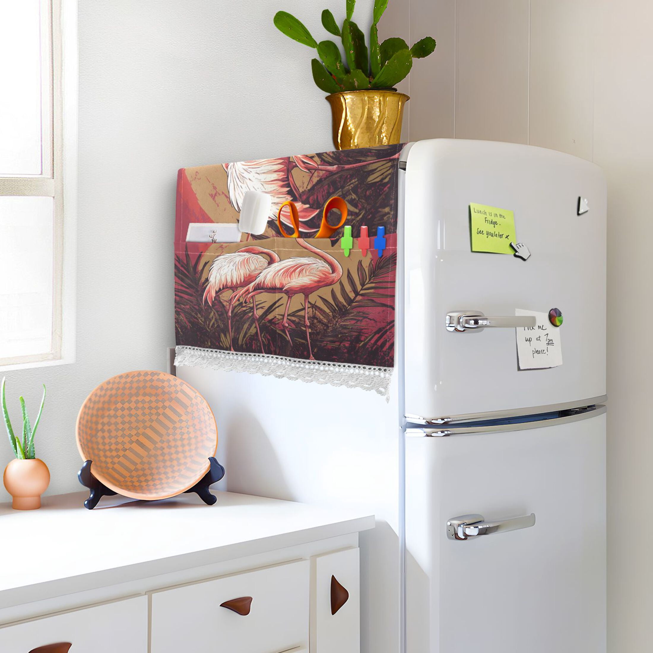 Washing Machine Cover 51.2x22in, Durable Polyester Dust Cover with Lace Trim and Side Pocket for Appliances Sunset Flamingo Pattern