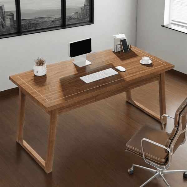 Mid-Century Modern Executive Desk - 55.1"W×27.6"D×30.7"H, Solid Wood Legs, 400lbs Capacity, Walnut Brown - for Home Office & Study